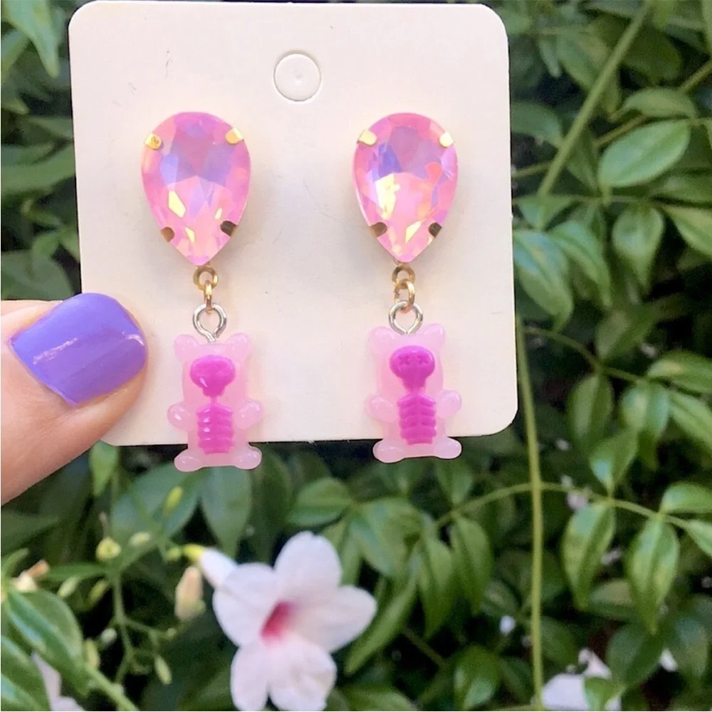 Pink Opal Aurora Borealis Crystal + Skeleton Gummy Bear Halloween Drop Earrings